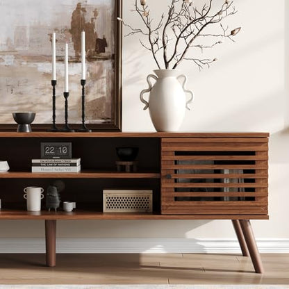 61" Mid Century Modern TV Stand for 50/55/60/70 inch TV, TV Media Console with Slatted Doors for TVs up to 70", Entertainment Center with Storage for Living Room, Bedroom, Walnut