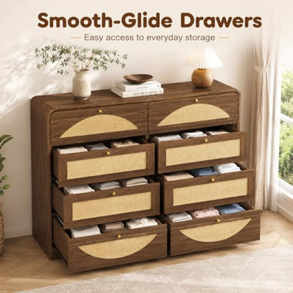 Rattan Dresser for Bedroom,59" Modern Closet Dressers Chest with 8 Drawers,Boho TV Stand for for Bedroom,Living Room,Hallway