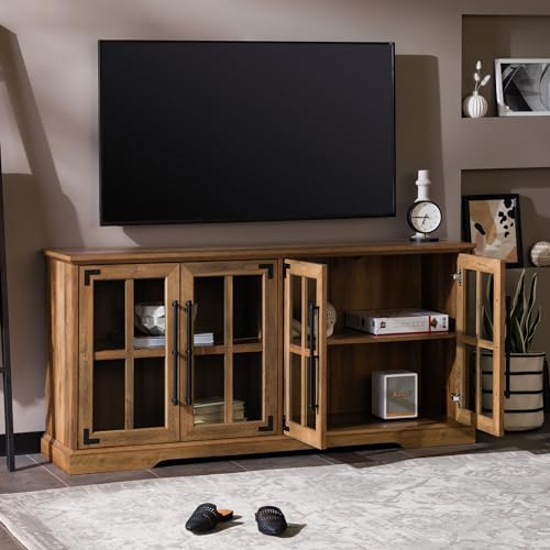 Farmhouse Barn Glass Door Wood Universal TV Stand for TV's up to 64" Flat Screen Living Room Storage Cabinet Doors and Shelves Entertainment Center, 58 Inch, Rustic Oak