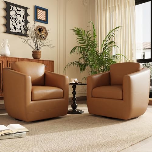 360° Swivel Accent Chair Set of 2 with Pillow - Comfy Living Room Armchair No-Sag Foam & Sturdy Metal Base, Fully Assembled Swivel Accent Single Sofa for Bedroom Living Room, Office, Brown