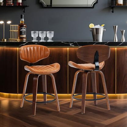Swivel Bar Stools Set of 3, 24 inch PU Leather Wooden Bentwood Barstools Counter Height Modern Breakfast Bar Chairs with Backrest and Footrest for Kitchen Island, Dining Room D035-Brown-3