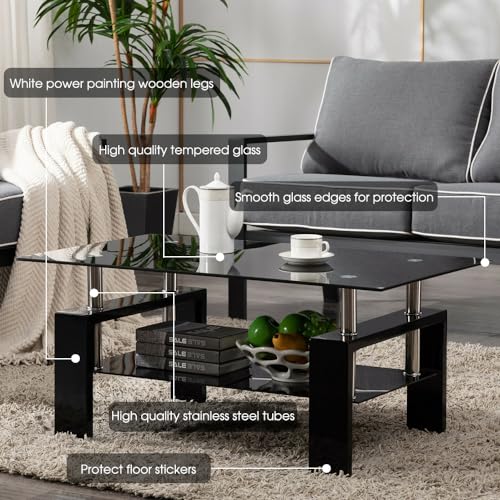 Black 2 tier glass top coffee table with wooden legs, view 8
