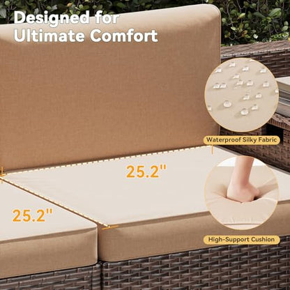 8 Piece Patio Furniture Set, Wicker Outdoor Furniture with Large Storage Table, Patio Conversation Sets with Waterproof Cover, Outdoor Sectional Sofas for Backyard Garden(Brown/Khaki)