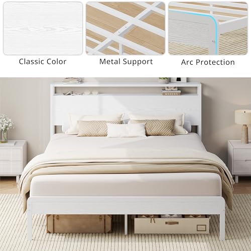 Full Size Bed Frame with 2-Tier Storage Shelf Headboard, view 7