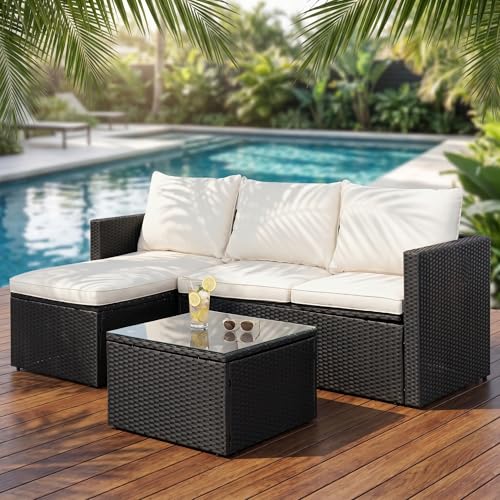 3 Piece Patio Furniture Set, Outdoor PE Rattan Sectional Sofa Set with Ottoman, Detachable Cushions and Glass Coffee Table, Patio Conversation Set for Backyard Balcony Porch, Black/White