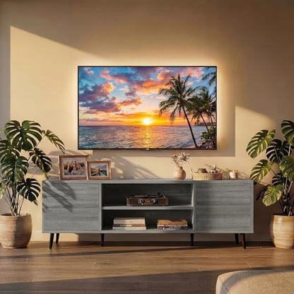 58 Inch Mid-Century Modern TV Stand with Storage, Gray, view 7