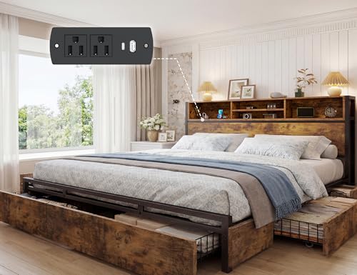 King Bed Frame with 6 Storage Drawers, Charge Station,Noise-Free, view 2