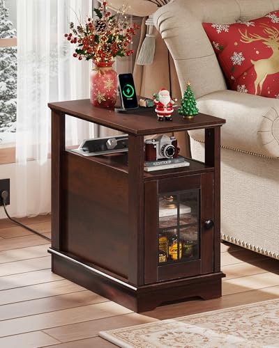 Farmhouse End Table with Charging Station, Narrow Side Table with Storage, Small Nightstand with USB Ports and Outlets ，Bedside Cabine for Bedroom, Living Room,Espresso
