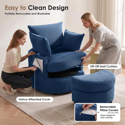 Vanity Accent Chair Swivel Living Room Chairs Curve Back Reading Chair with Armrest, Lounge Chair with Ottoman for Bedroom