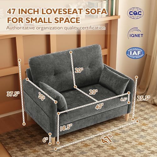 47" Small Sofa Couch for Bedroom, Soft Chenille loveseat Mini Couch with Throw Pillow and Removable Cushion Cover for Small Spaces, Living Room, Apartment, Dorm, Office(Dark Grey)