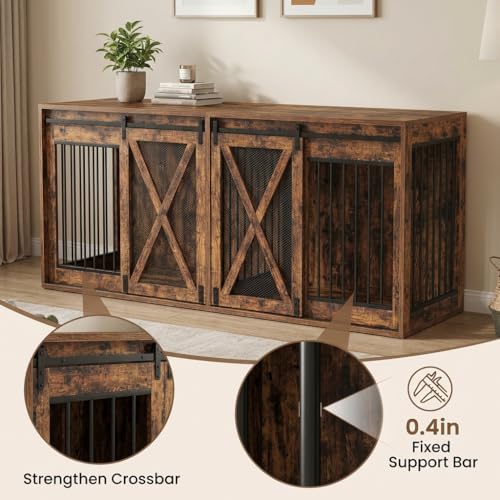 94 Inch Double Dog Crate Furniture for 2 Large Dogs, Rustic Brown, view 5
