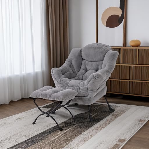 Lazy Chair with Ottoman, Modern Accent Chair with Armrests and a Side Pocket, Leisure Sofa Armchair, Reading Armchair with Footrest for Small Space, Plush Grey
