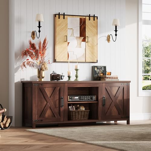 Modern Farmhouse TV Stand for TVs up to 65", Entertainment Center with X-Shaped Barn Doors, Large Storage Media TV Console with Adjustable Shelves & Cable Holes for Living Room, Brown