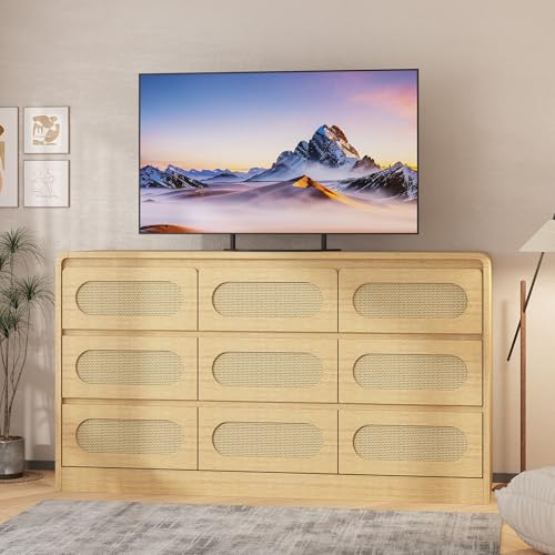 Rattan Dresser for Bedroom, 9 Drawer Dresser with Charging Station, Farmhouse Wood Chest of Drawer with Strong Base, Storage Organizer for Living Room, Hallway, Natural