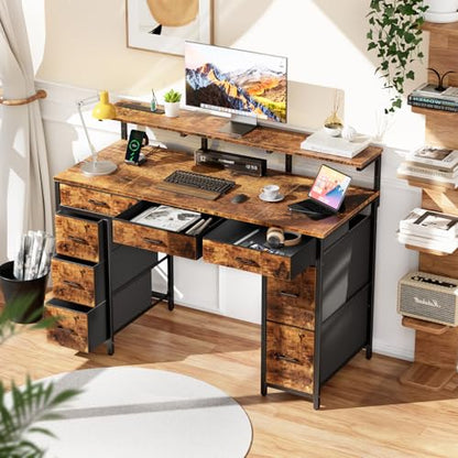 47 inch Computer Desk with 8 Storage Drawers, Gaming Desk with LED Lights & USB Power Outlets, Home Office Table with Monitor Stand, Study Writing Work Table for Bedroom, Rustic Brown
