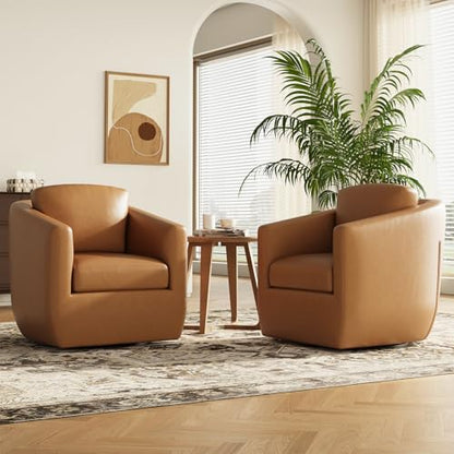 360° Swivel Accent Chair Set of 2 with Pillow - Comfy Living Room Armchair No-Sag Foam & Sturdy Metal Base, Fully Assembled Swivel Accent Single Sofa for Bedroom Living Room, Office, Brown