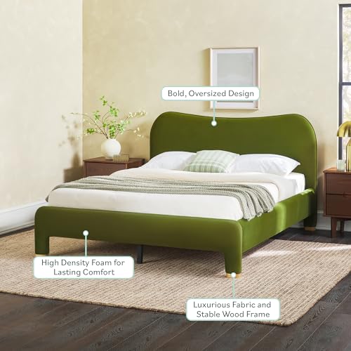 Chantelle Modern Curved Upholstered Queen Bed, Queen Size, Green Velvet