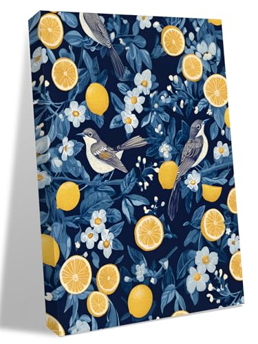 NuYeBiofx Summer Fruit Lemons Birds Canvas Wall Art Prints,40"x28" Framed Picture Artwork White Flowers Blue Leaves Printed Canvas Oil Painting for Living Room Bedroom Office,Ready to Hang