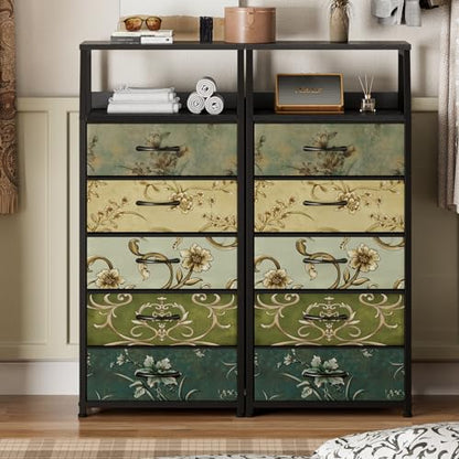 5 Drawer Dresser, Vertical Storage Tower Fabric Dresser for Bedroom, Hallway, Entryway, Nursery, Closet Organizer, Nightstand Bedside Table Furniture, Sturdy Steel Frame, Wood Top