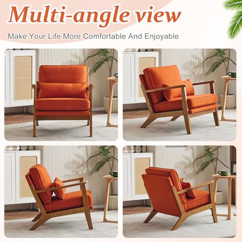 Solid Wood Wide Armrests Accent Chair,Upholstered Mid Century Modern Chair with Pillow,Comfy Reading Chair Farmhouse Arm Chair,Chairs Living Room,Bedroom,Guest Room,Linen Fabric,Burnt Orange