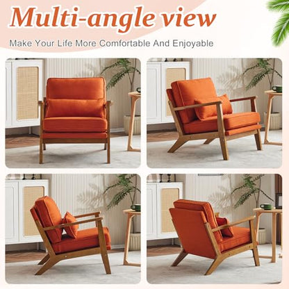 Solid Wood Wide Armrests Accent Chair,Upholstered Mid Century Modern Chair with Pillow,Comfy Reading Chair Farmhouse Arm Chair,Chairs Living Room,Bedroom,Guest Room,Linen Fabric,Burnt Orange