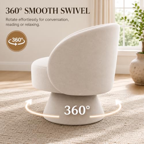 Swivel Barrel Chair 360 Degree Swivel Accent Chair with Armrest, Comfy Small Round Sherpa Swivel Vanity Chairs with Pillow for Living Room, Bedroom,Office (Beige White, Linen)