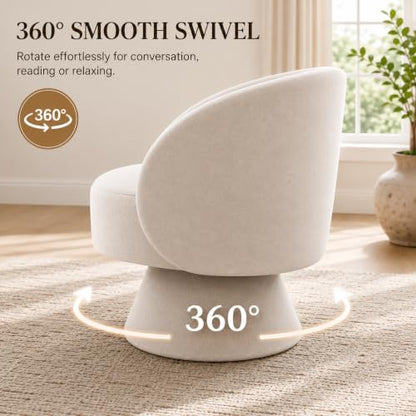 Swivel Barrel Chair 360 Degree Swivel Accent Chair with Armrest, Comfy Small Round Sherpa Swivel Vanity Chairs with Pillow for Living Room, Bedroom,Office (Beige White, Linen)