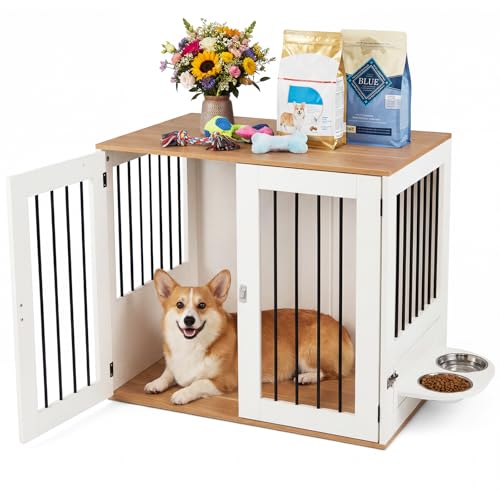 31.5” Dog Crate Furniture, Indoor Wooden Dog Kennel with Double Lock Doors, view 2