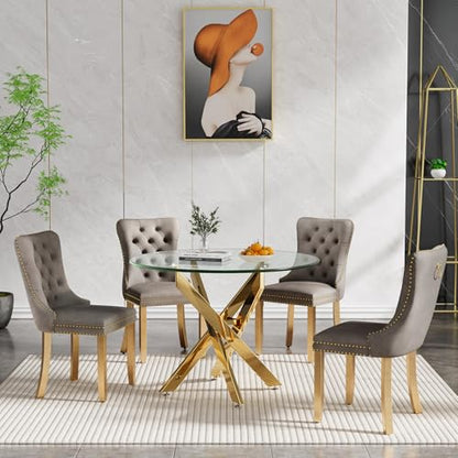 Glass Dining Table Set for 4, Modern 36" Round Kitchen Table with 4 Velvet Dining Chairs and Golden Cross Metal Legs, Modern Circle Dinner Table Set, 5 Piece Dining Set for Kitchen