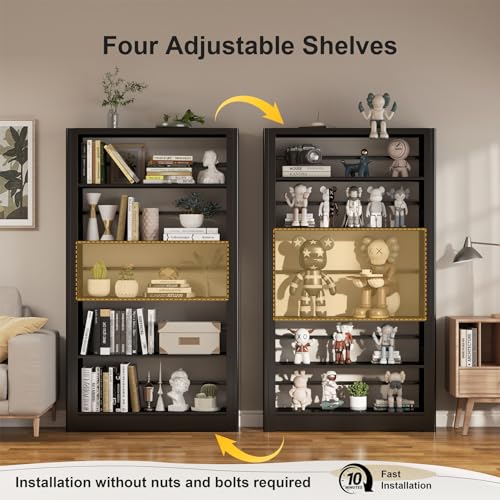 5-Tier Expandable Metal Bookshelf, 69" H x 36" W Heavy Duty Black Bookcase, Adjustable Storage Shelves, 280lbs Per Layer Capacity for Living Room Office Bedroom
