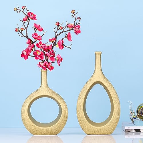 Matte Gold Ceramic Vase Set of 2 - Ribbed Hollow Aesthetic Decorative Vase, Modern Farmhouse Table Centerpiece, Boho Gold Vases for Flower Decor and Home Living
