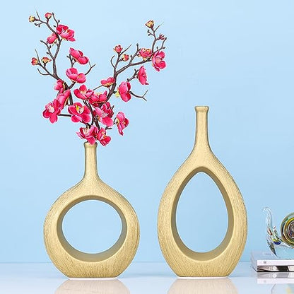 Matte Gold Ceramic Vase Set of 2 - Ribbed Hollow Aesthetic Decorative Vase, Modern Farmhouse Table Centerpiece, Boho Gold Vases for Flower Decor and Home Living