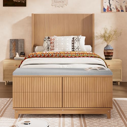 Fluted Twin Bed Frame with Storage Bench and Wingback Headboard, view 4
