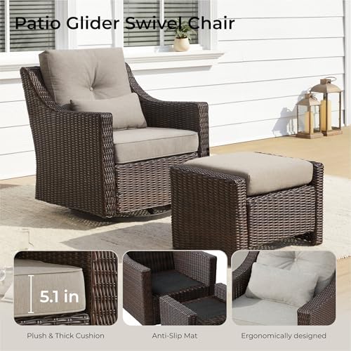 CHITA 5 Pieces Swivel Wicker Patio Furniture Set, Outdoor Conversation Set | 2 Rocking Swivel Chairs, 2 Ottomans, 1 Side Table, All-weather Resin Wicker, E-coated Steel, 5.1-in Cushion, Olefin Covers