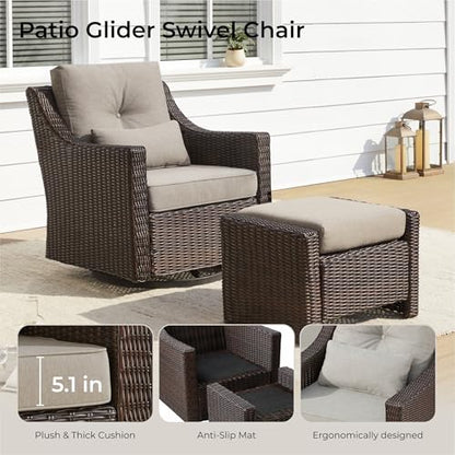 CHITA 5 Pieces Swivel Wicker Patio Furniture Set, Outdoor Conversation Set | 2 Rocking Swivel Chairs, 2 Ottomans, 1 Side Table, All-weather Resin Wicker, E-coated Steel, 5.1-in Cushion, Olefin Covers
