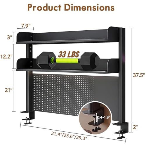 Clamp On Desk Pegboard Shelf - Metal Desktop Organizer Hutch with 2 Shelves, view 4