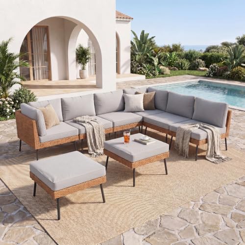 8 Piece Patio Furniture Set, 8 Seats Outdoor Sectional Sofas with Thick Cushion, Wicker Outdoor Patio Furniture Set with Ottomans for Party, Garden, Backyard, Grey
