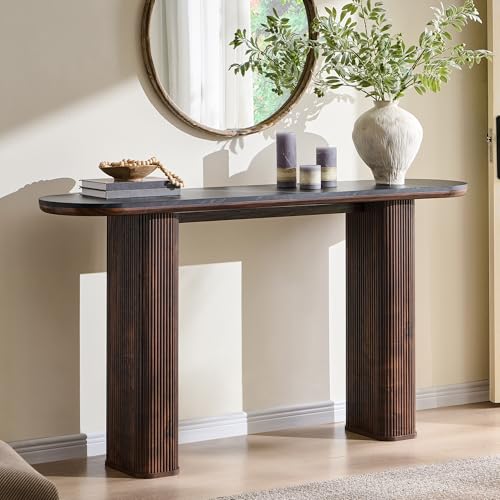 63 Inch Modern Console Table with Arc Faux Marble Texture Top, Fluted Wood Base, Contemporary Entryway Sofa Table for Living Room, Hallway, Foyer, Dark Walnut