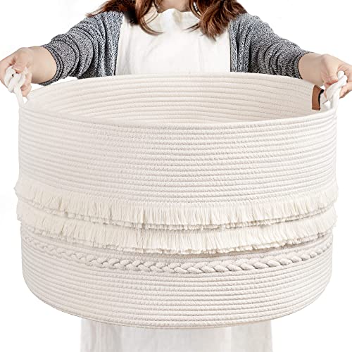 Large Blanket Basket Living Room, Laundry Basket With Tassel, 90L | Storage Basket for Toys, Clothes & Pillows Storage，Cotton Rope, Laundry Hamper With Handles,Fits Bedroom Nursery Décor, White