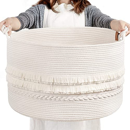 Large Blanket Basket Living Room, Laundry Basket With Tassel, 90L | Storage Basket for Toys, Clothes & Pillows Storage，Cotton Rope, Laundry Hamper With Handles,Fits Bedroom Nursery Décor, White