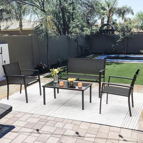 4 Pieces Patio Furniture Set Outdoor Conversation Textilene Fabric Chairs for Lawn, Garden, Balcony, Poolside with A Glass Coffee Table, Black