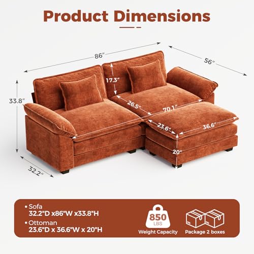 86" Modular Sectional Sofa, Comfy L-Shaped Cloud Couch with Movable Ottoman, 3-Seater Chenille Deep Seat Modern Sofa Couch for Living Room, Terracotta Orange