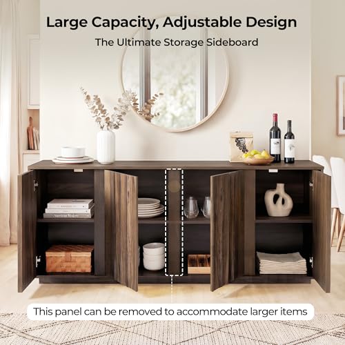 CHITA 63" Wooden Console Cabinet with 4 Tereoscopic Wavy Door Panels,Walnut, view 4