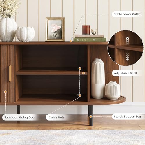 55" Mid Century Modern TV Stand Entertainment Center Brown Walnut Cabinet, view 6