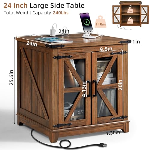 Farmhouse End Table with Charging Station, 24" Large Sofa Side Table with Glass Barn Door, Nightstand with Adjustable Storage Shelf,Wood Square Bedside Table for Living Room,Bedroom