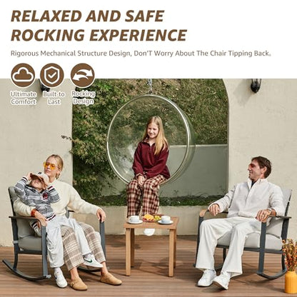 Glider Rocking Chair Bistro Set, 3 Pieces Outdoor Patio Furniture Conversation Set with 2 Rocker Chairs, 1 Table and Thick Cushions for Backyard, Porch, Balcony, 350lbs, Grey.