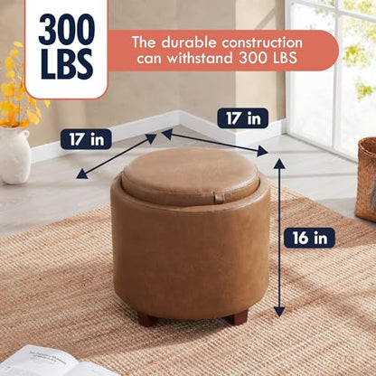 17" Round Storage Ottoman with Tray Top, Faux Leather, Mocha | Reversible Tray Lid Flips to Soft Leather Top; Ideal Foot Rest & Extra Seating for Living Room, Bedroom or Office