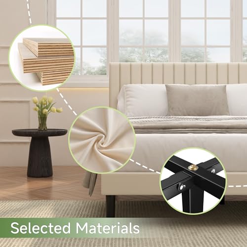 Queen Velvet Bed Frame with Vertical Channel Tufted Headboard Beige, view 6
