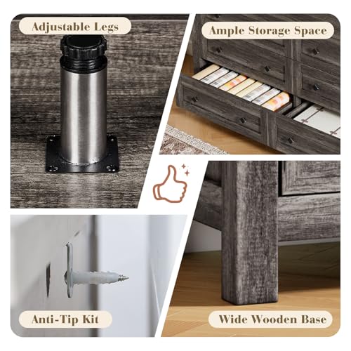 Bedroom Dresser and Nightstand 3 Piece Set, 1 X Wood Rustic 6 Drawer Storage Dresser, Nightstand Set of 2 with Charging Station, Farmhouse Bedroom Furniture Set, Rustic Grey