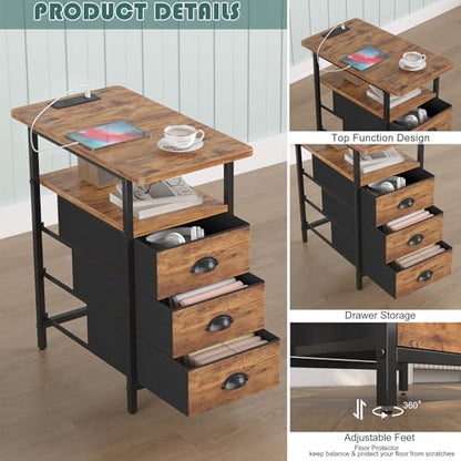 End Table with Charging Station, Side Tables Livingroom with USB Ports and Outlets,Narrow Nightstands Bedside Tables with 3 Drawers for Small Space,Slim Sofa Table Bedroom,Rustic Brown